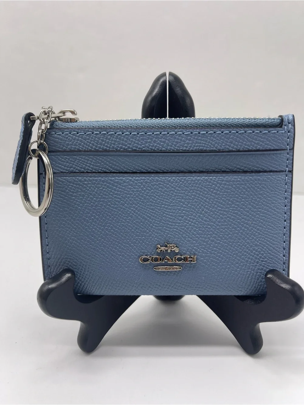 Coach Mini Skinny Crossgrain Leather Id Card Zip Closure Case Silver/Slate NWT